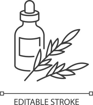 Rosemary oil pixel perfect linear icon. Herbal essence for aromatherapy. Organic plant ingredient. Thin line customizable illustration. Contour symbol. Vector isolated outline drawing. Editable stroke