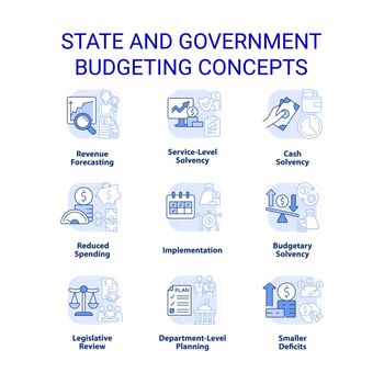 State and government budgeting light blue concept icons set