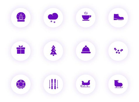 winter purple color vector icons on light round buttons with purple shadow. winter icon set for web, mobile apps, ui design and print
