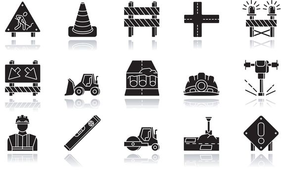 Road works drop shadow black glossy icons set