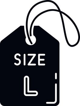 Large size label black glyph icon. Clothing parameters specification silhouette symbol on white space. Informational tag with L letter for big size apparel description. Vector isolated illustration