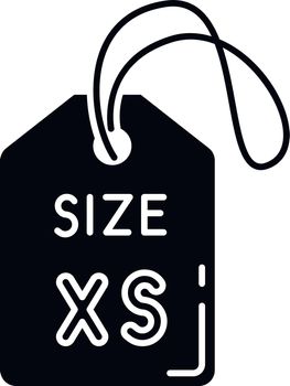 Extra small size label black glyph icon. Clothing parameters description silhouette symbol on white space. Informational tag with XS letters for mini size apparel. Vector isolated illustration