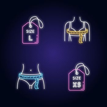 Female size tags and measurements neon light icons set