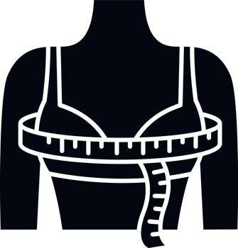 Bust circumference black glyph icon. Female upper body measurements, tailoring parameters silhouette symbol on white space. Bust width specification for bespoke clothing. Vector isolated illustration