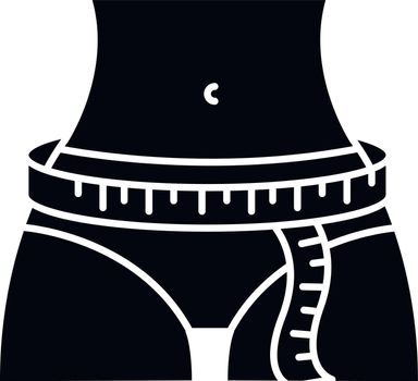 Hips circumference black glyph icon. Female lower body measurements, tailoring parameters silhouette symbol on white space. Hips width specification for bespoke clothing. Vector isolated illustration