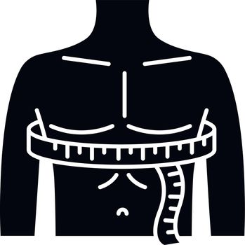 Chest circumference black glyph icon. Male upper body measurements, tailoring parameters silhouette symbol on white space. Man chest width determination for bespoke suit. Vector isolated illustration