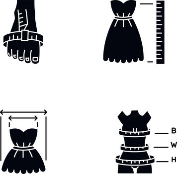 Female clothing size measurements black glyph icons set on white space. Woman body proportions and product dimensions. Bespoke tailoring and shoemaking silhouette symbols. Vector isolated illustration