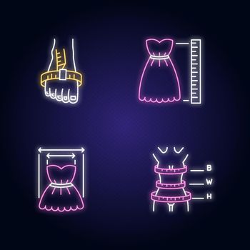 Female clothing size measurements neon light icons set