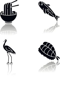Japan drop shadow black glyph icons set. Ramen in bowl with chopsticks. Koi carp fish. Crane bird. Sushi dish. Traditional japanese attributes. Isolated vector illustrations on white space