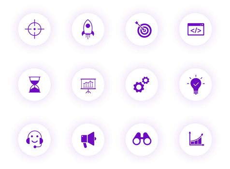 startup purple color vector icons on light round buttons with purple shadow. startup icon set for web, mobile apps, ui design and print
