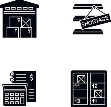 Warehouse management black glyph icons set on white space. Goods counting, shortage identification, bookkeeping. Storekeeping, storage control. Silhouette symbols. Vector isolated illustration