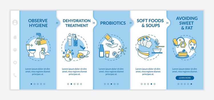 Stomach flu prevention and treatment onboarding vector template. Observe hygiene, avoid sweet and fat. Responsive mobile website with icons. Webpage walkthrough step screens. RGB color concept