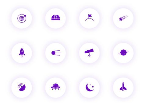 space purple color vector icons on light round buttons with purple shadow. space icon set for web, mobile apps, ui design and print
