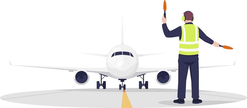 Airplane runway controller semi flat RGB color vector illustration