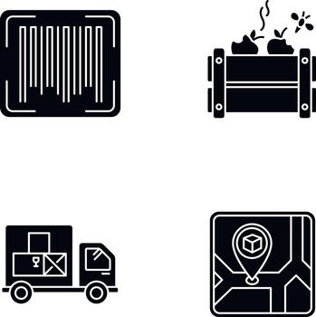 Goods availability and quality control black glyph icons set on white space. Storage place, goods spoilage and receipt. Product barcode identification. Silhouette symbols. Vector isolated illustration