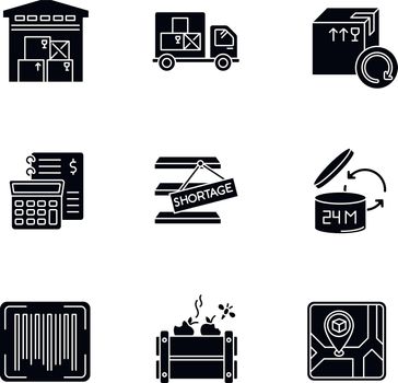 Inventory management black glyph icons set on white space. Storage place, goods receipt, spoilage and purchase returns. Product barcode and shelf life. Silhouette symbols. Vector isolated illustration