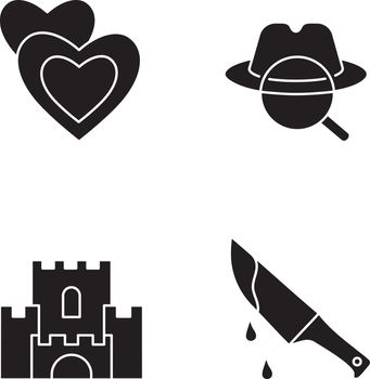 Popular movie types black glyph icons set on white space. Romantic films, detective mystery, fantasy and thriller silhouette symbols. Different cinematography genres. Vector isolated illustration