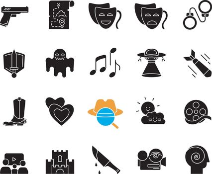 Movie genres black glyph icons set on white space. Cinematography, filmmaking industry, cinema business silhouette symbols. Different common film and tv show styles. Vector isolated illustration