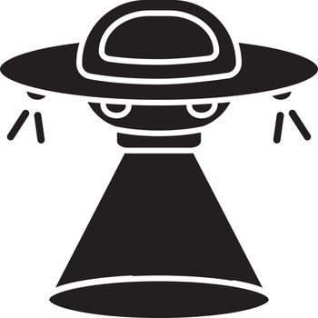 Science fiction black glyph icon. Sci fi movies, popular futuristic fantasy films silhouette symbol on white space. Cinema category, space opera. Flying saucer, UFO vector isolated illustration