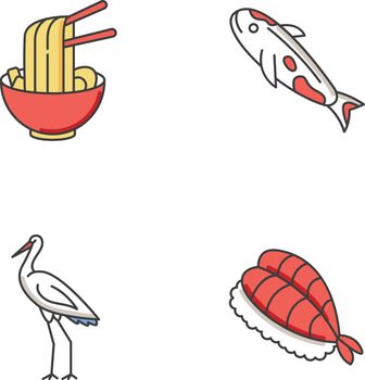 Japan RGB color icons set. Ramen in bowl with chopsticks. Koi carp fish. Crane bird. Sushi dish. Chinese dish. Traditional japanese attributes. Isolated vector illustrations