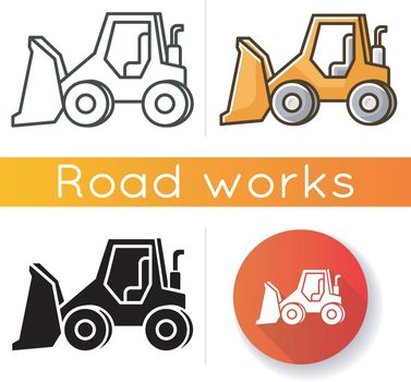 Bulldozer icon. Road works industrial truck. Dozer for ground loading. Excavator for construction. Agricultural transport. Linear black and RGB color styles. Isolated vector illustrations
