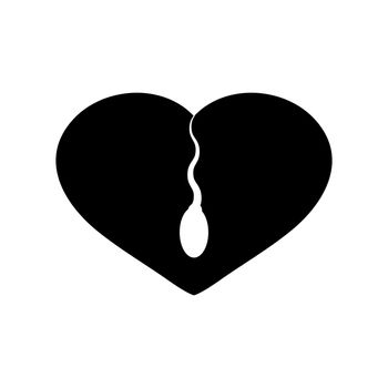 Spermatozoon inside a heart symbol. Logo, black silhouette on a white background. The concept of male sperm fertilization of a female egg. Isolated vector illustration, icon.