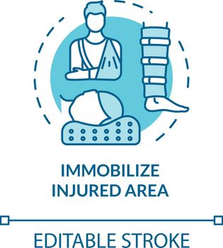 Injured area immobilization concept icon. First aid step, fracture treatment, limb and spine trauma therapy thin line illustration. Vector isolated outline RGB color drawing. Editable stroke
