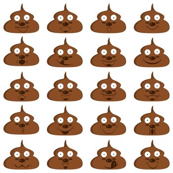 A set of funny laughing and smiling poop with faces. Emoticons, smiley, emoji, happy character collection. Isolated cartoon vector illustrations, icons on white background.