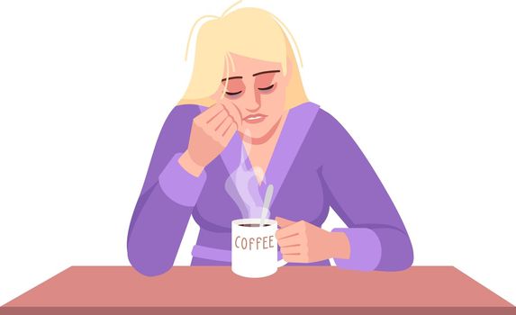 Sleepy lady with coffee semi flat RGB color vector illustration
