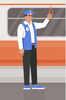 Metro worker ride in train semi flat vector illustration