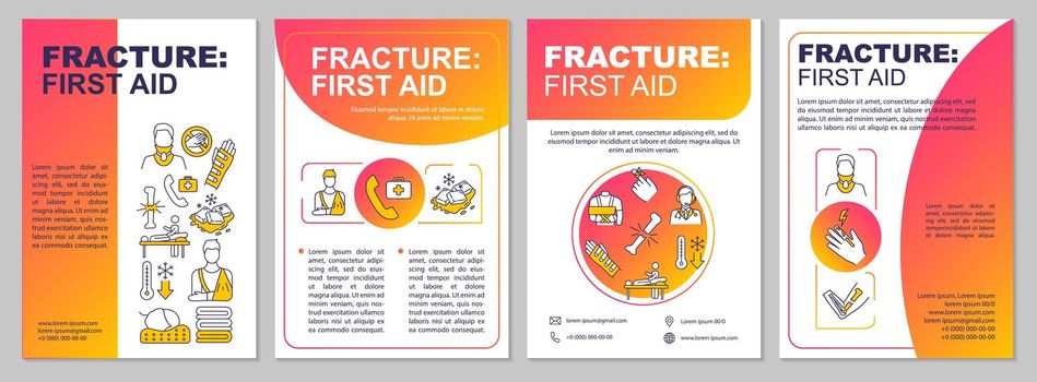 Fracture first aid, injury therapy, immobilizing brochure template. Flyer, booklet, leaflet print, cover design with linear icons. Vector layouts for magazines, annual reports, advertising posters
