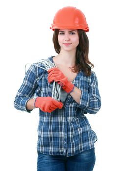 Woman builder isolated portrait with protect helmet