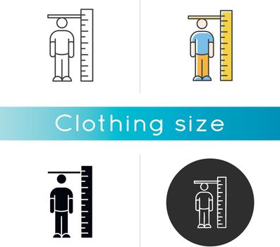 Height measurement icon. Linear black and RGB color styles. Tailoring parameters, body growth. Human body size determination. Person standing near huge ruler. Isolated vector illustrations