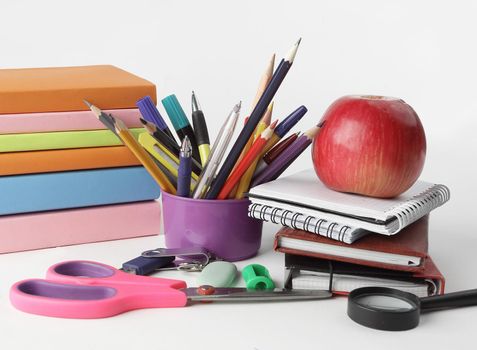 colorful school supplies on white background.photo with copy space