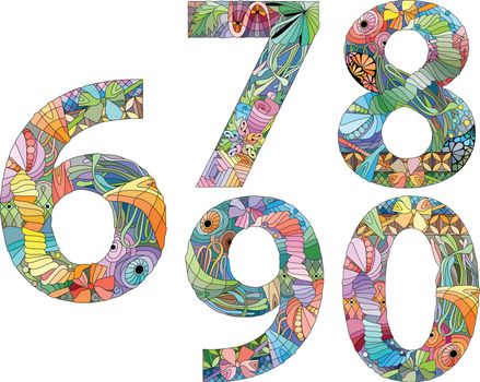 Set of numbers zero, six, seven, eight, nine. Zentangle. Vector decorative objects