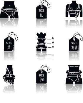 Female clothing sizes drop shadow black glyph icons set. Various women body parameters measurement for custom made apparel, bespoke tailoring. Isolated vector illustrations on white space