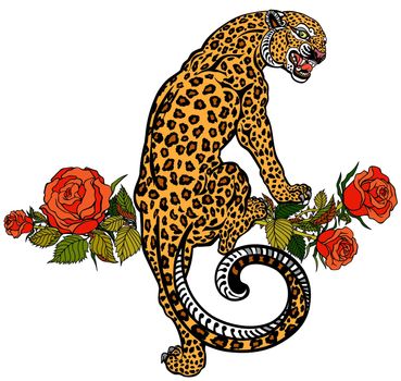 Roaring leopard climbing up and blooming roses. Tattoo
