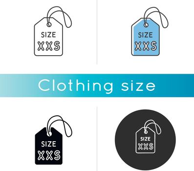 XXS size label icon. Linear black and RGB color styles. Kids garments parameters description. Extra small size informational tag for little children clothing. Isolated vector illustrations