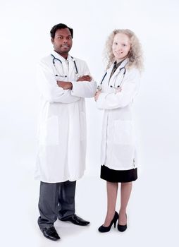 Full body portrait of two happy smiling young medical people,