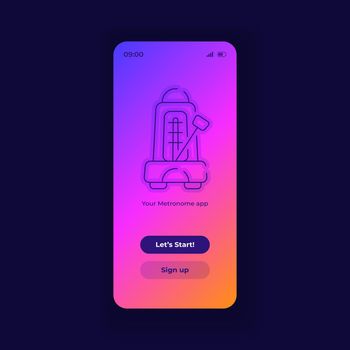 Metronome application smartphone interface vector template. Mobile app page dark design layout. Log in page screen. Flat UI for application. Start and sign up options on phone display