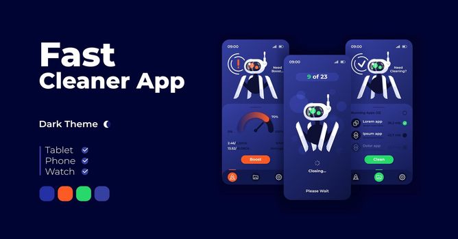 Fast cleaner app cartoon smartphone interface vector templates set