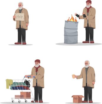 Homeless elder caucasian man semi flat RGB color vector illustration set