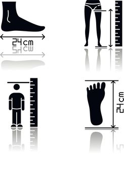 Body measurements drop shadow black glyph icons set. Inside leg, foot length and human height determination. Bespoke tailoring and shoemaking. Isolated vector illustrations on white space.