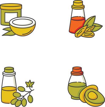 Hair oils RGB color icons set. Coconut natural mask in jar. Almond extract in liquid. Grape seed essence for haircare treatment. Organic avocado cosmetic oil. Isolated vector illustrations