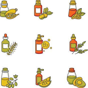 Hair oils RGB color icons set. Hydrolyzed wheat protein. B7 biotin treatment. Herbal rosemary product for haircare. Macadamia, almond nuts extract in fluid form. Isolated vector illustrations