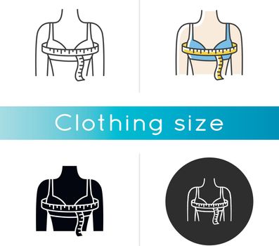Bust circumference icon. Linear black and RGB color styles. Female upper body measurements, tailoring parameters. Bust width specification for bespoke clothing. Isolated vector illustrations