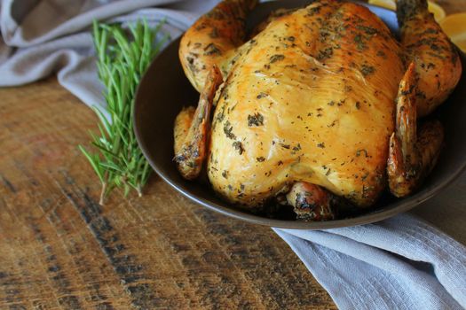 Roasted whole chicken or turkey for celebration and holiday. Christmas, thanksgiving, new year's eve dinner .