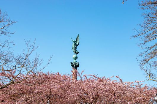 Copenhagen - Spring. Statue of goddess Victoria with palm branch in hand.