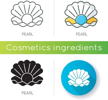Pearl icon. Open seashell. Brightening effect. Component to prevent aging. Expensive oyster. Ocean scallop. Luxury product. Linear black and RGB color styles. Isolated vector illustrations
