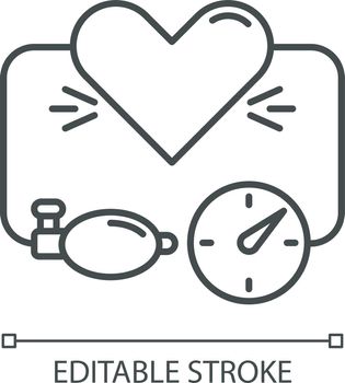 High blood pressure pixel perfect linear icon. Heart disease. Arterial pressure measure. Thin line customizable illustration. Contour symbol. Vector isolated outline drawing. Editable stroke